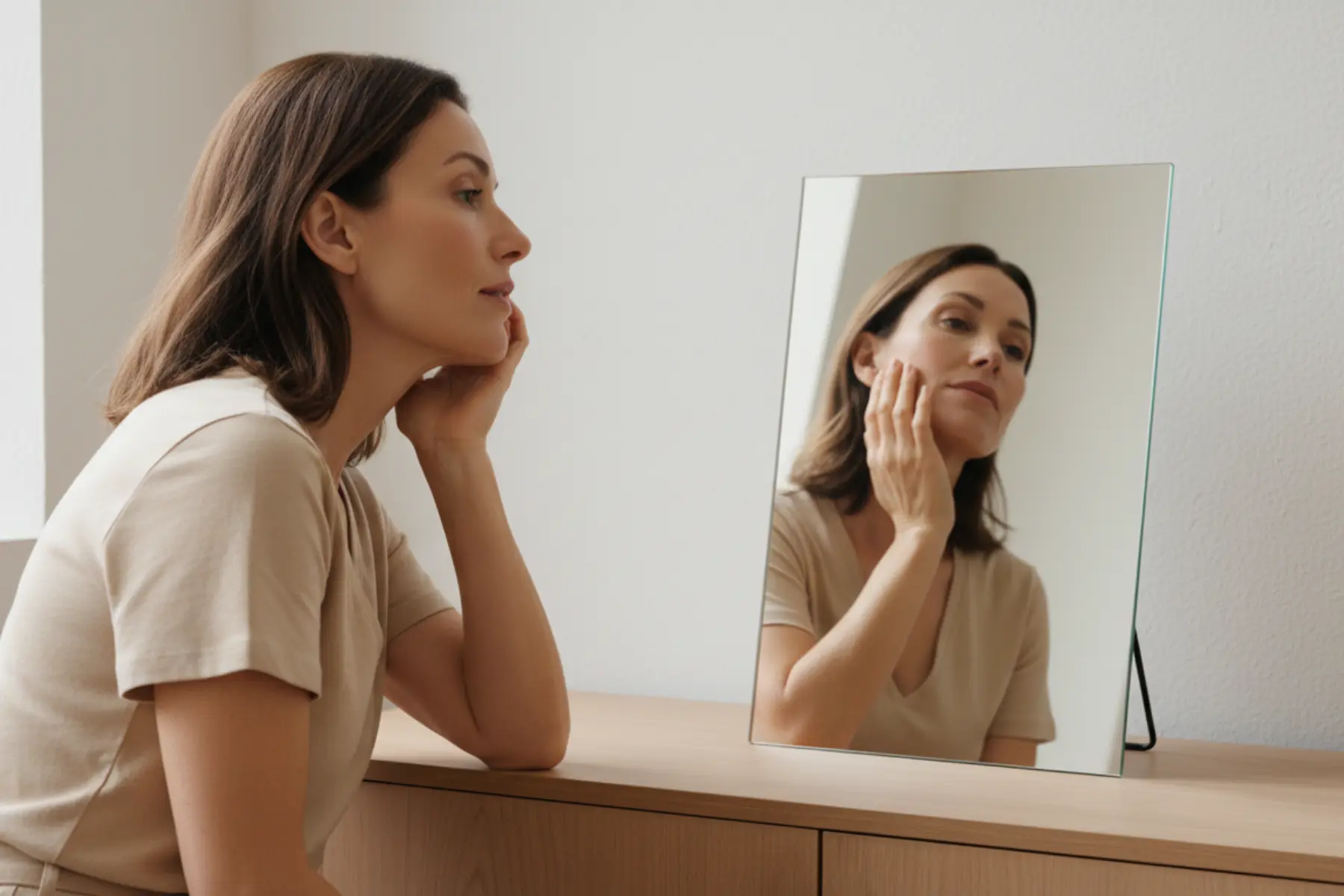 Prendre soin de sa peau sensible au quotidien 1 Femme de 45 ans se regardant dans un miroir, main sur la joue, peau sensible apaisée, lumière naturelle
