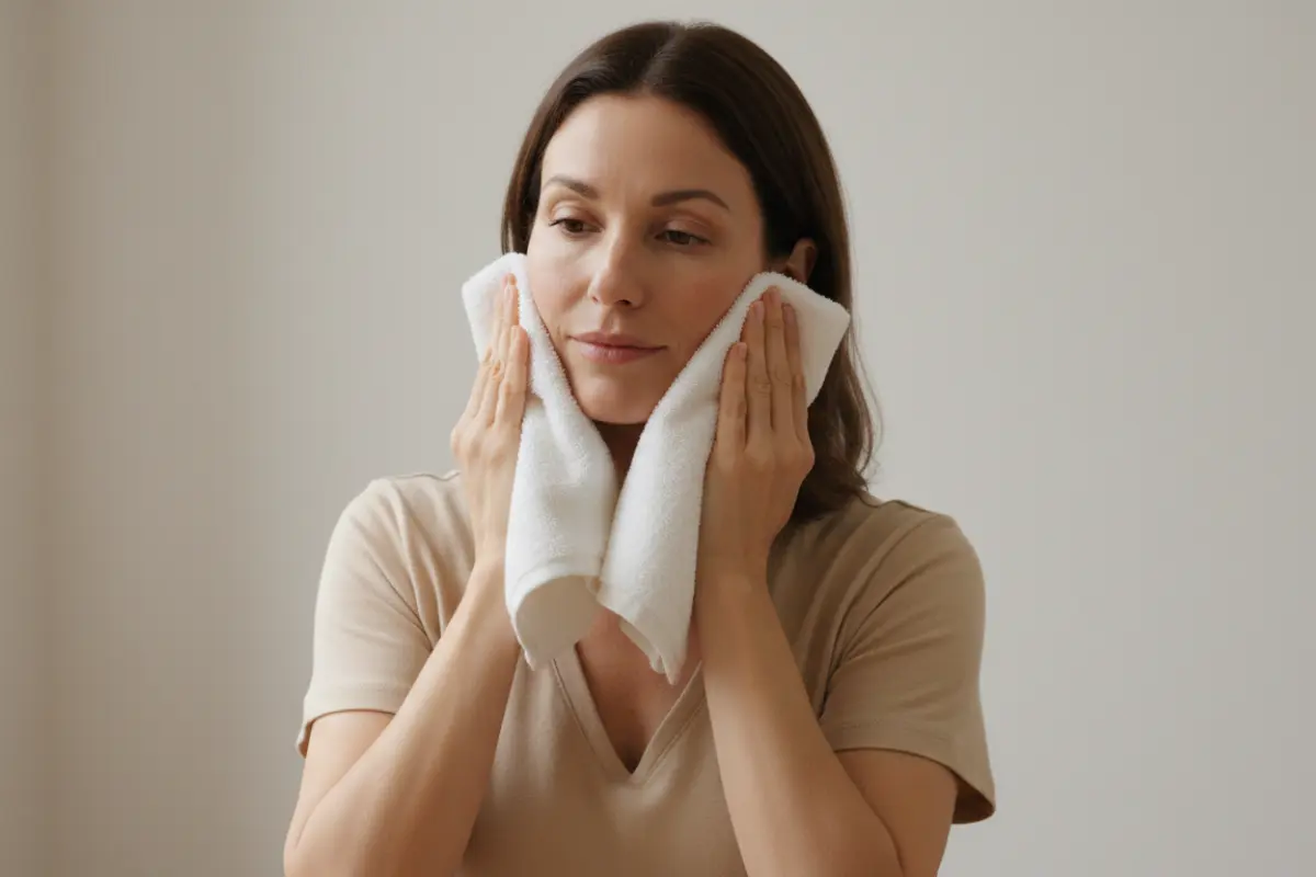 Prendre soin de sa peau sensible au quotidien 4 Femme de 45 ans tapotant doucement son visage avec une serviette blanche pour ne pas irriter sa peau sensible