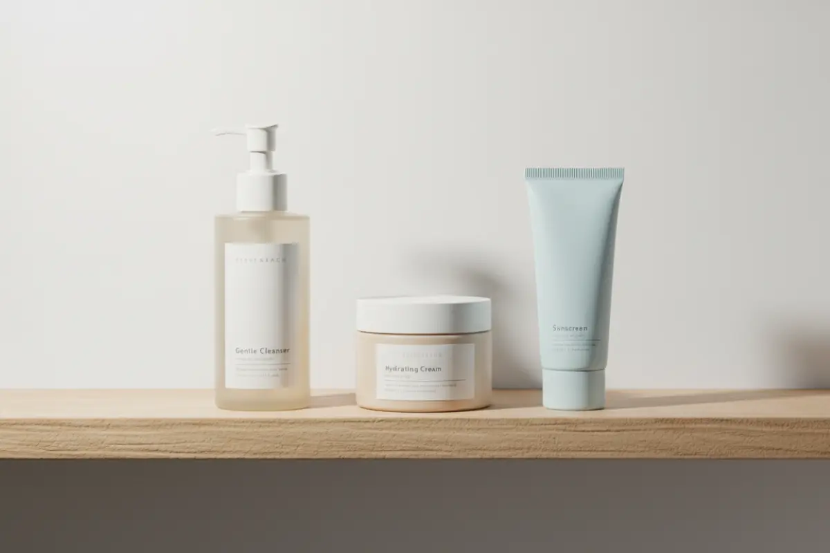 Prendre soin de sa peau sensible au quotidien 2 Nettoyant doux, crème hydratante et protection solaire pour peau sensible alignés sur étagère en bois clair