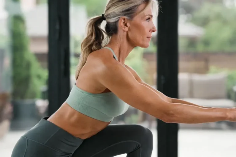 Femme de 40 ans pratiquant des abdominaux hypopressifs pour renforcer son transverse et retrouver du galbe abdominal.