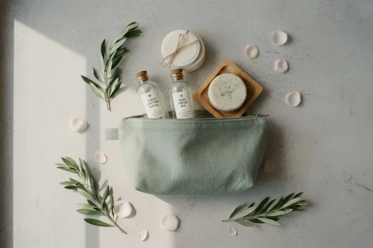 Trousse de toilette en lin contenant des cosmétiques naturels, solides et en verre pour une routine beauté éco-responsable après 40 ans.