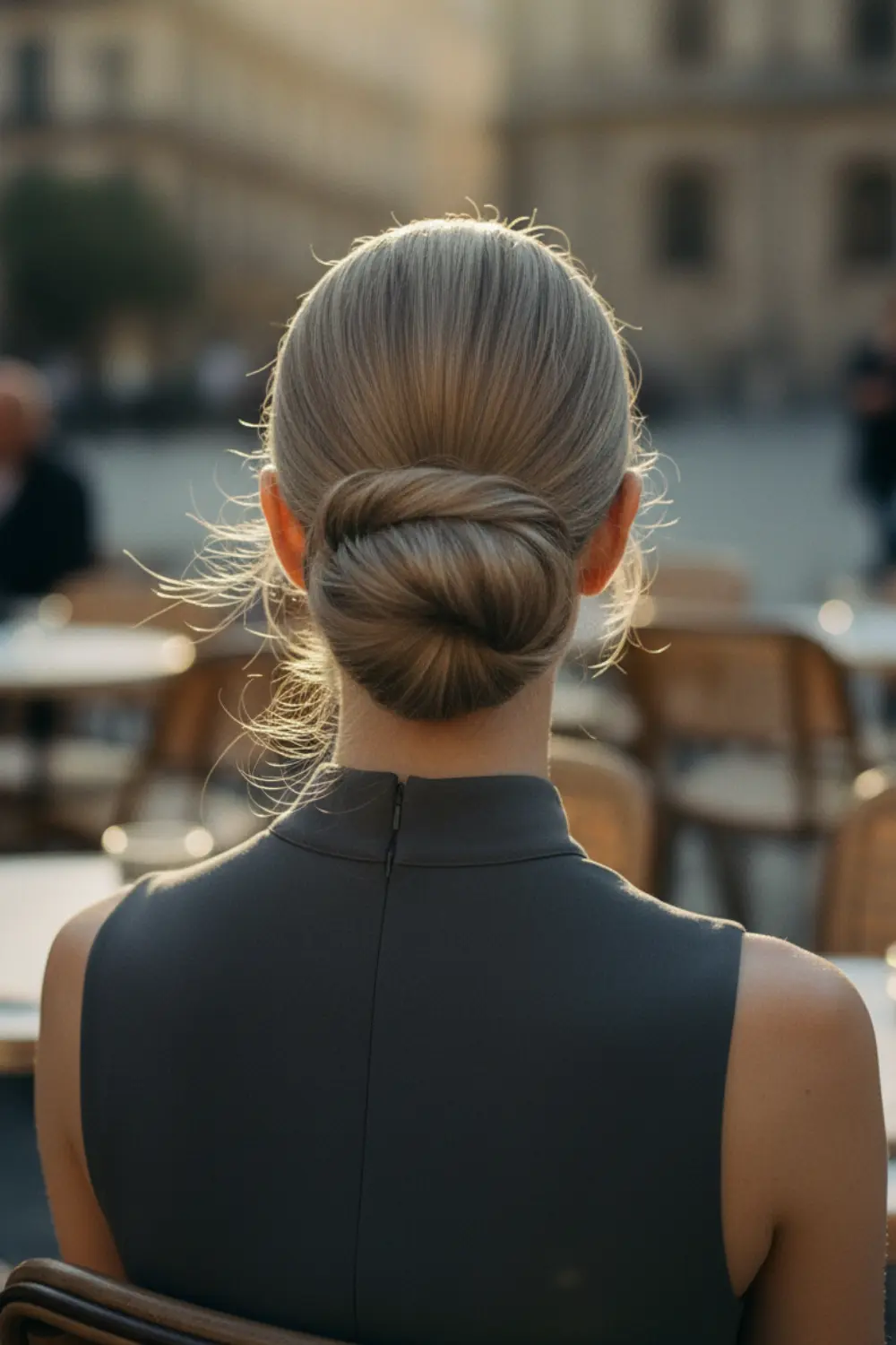 Vue de dos d'une femme arborant un chignon bas déstructuré en terrasse, enveloppée par une lumière naturelle feutrée aux tonalités de sable et de gris.