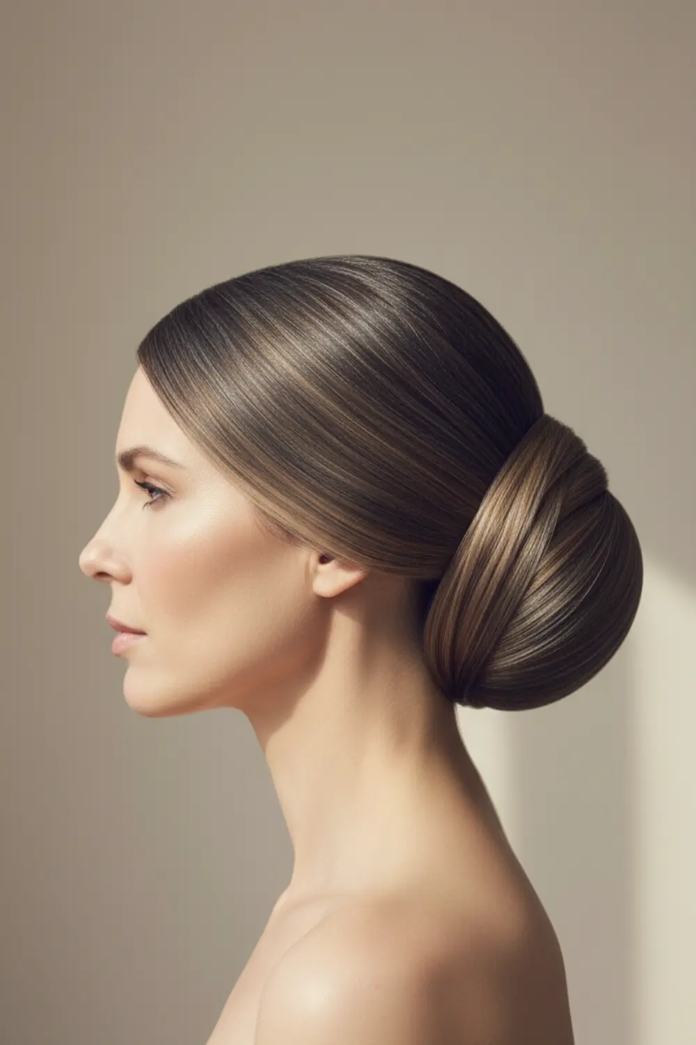 Profil strict d'un chignon cachemire souple et brillant, révélant une silhouette capillaire graphique hautement hydratée aux reflets argentés.