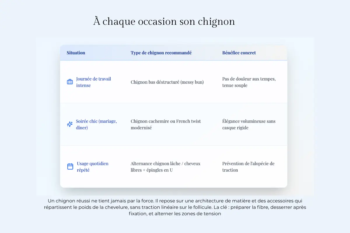 Un chignon réussi ne tient jamais par la force. Il repose sur une architecture de matière et des accessoires qui répartissent le poids de la chevelure, sans traction linéaire sur le follicule. La clé : préparer la fibre, desserrer après fixation, et alterner les zones de tension