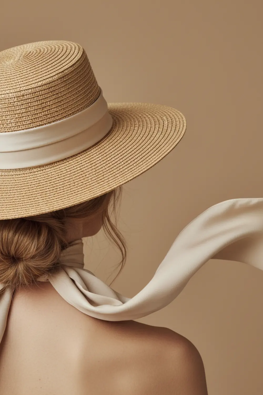 Femme portant chapeau de paille et foulard en soie sur chignon bas, nuque dégagée, protection solaire élégante.