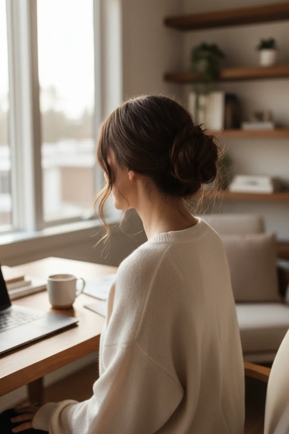 Chignon haut décoiffé aux mèches floues et texturées.