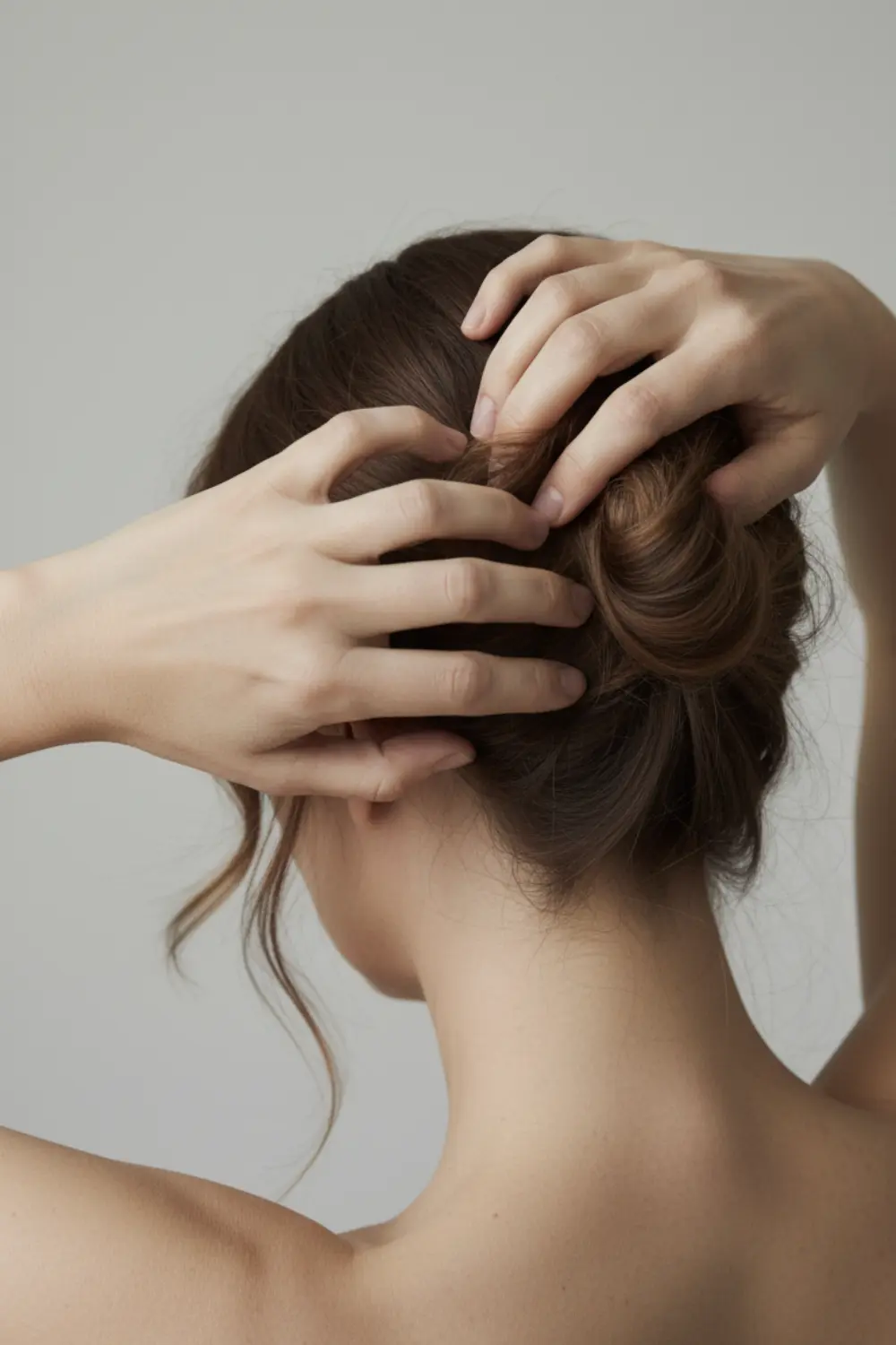 Femme défaisant son chignon, mains dans les cheveux, geste doux et naturel, décoiffage respectueux de la fibre capillaire. Secret des coiffures d'été.
