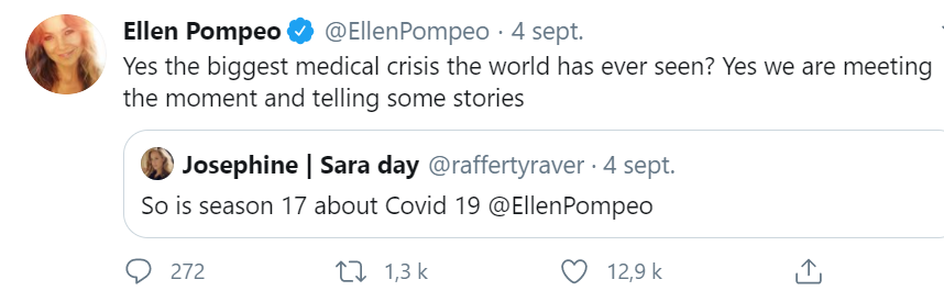 Tweet d'Ellen Pompeo (qui incarne Meredith Grey dans Grey's Anatomy), au sujet de la saison 17 et du coronavirus.