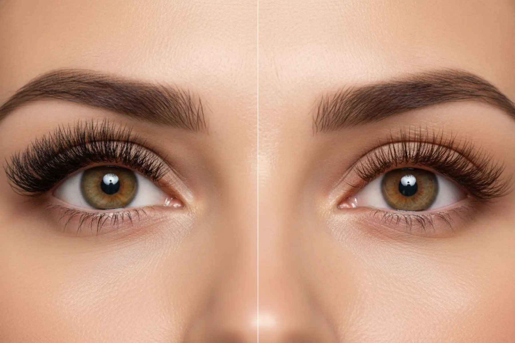 Extensions de cils : ce qu'il faut savoir pour préserver la beauté naturelle de votre regard 1 Comparatif avant après extensions de cils : noir intense à gauche, brun liftant à droite sur un regard de femme de 45 ans