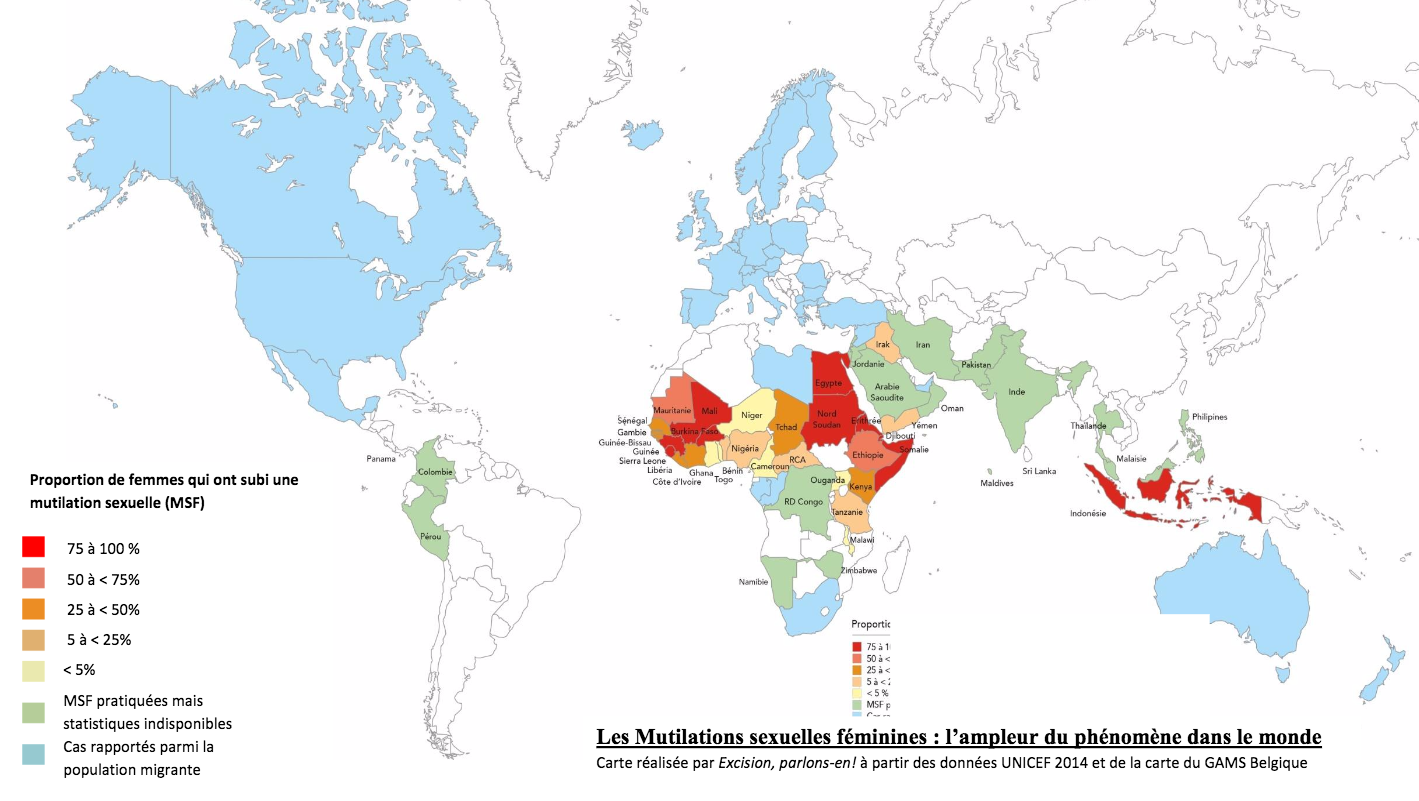 Mutilations sexuelles féminines et excision dans le monde selon l'UNICEF en 2014.