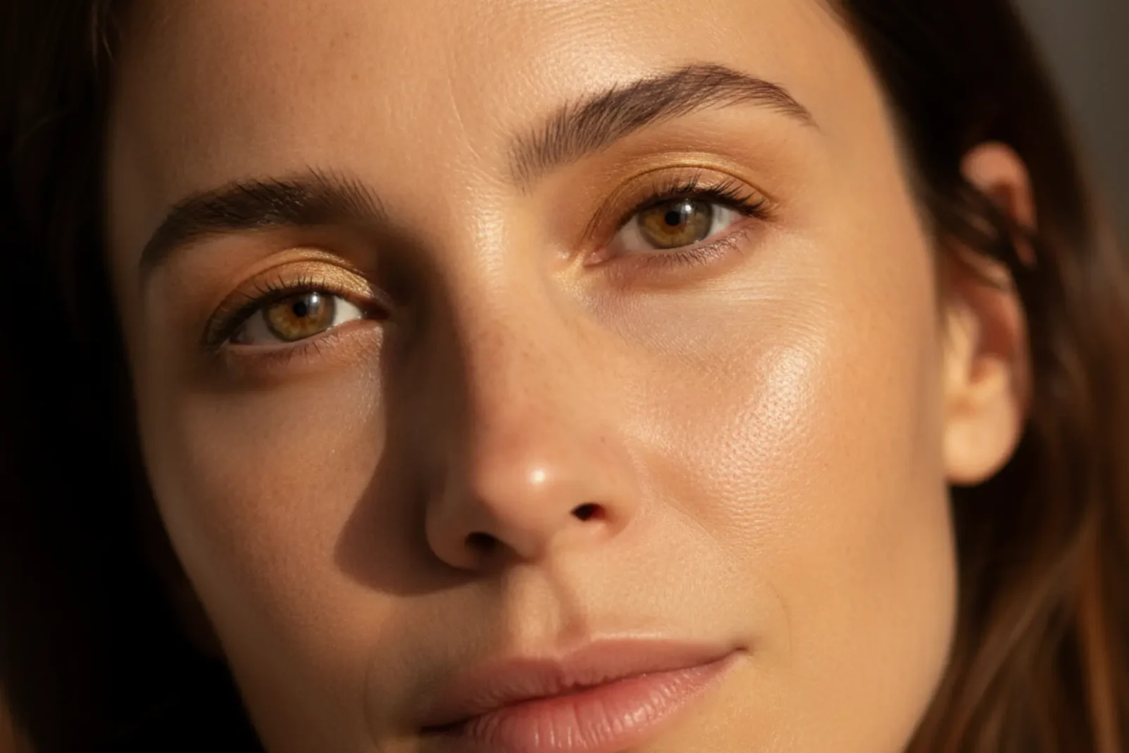 Portrait d’une femme de 45 ans au maquillage des yeux minimaliste, lumière rasante, peau naturelle et lumineuse