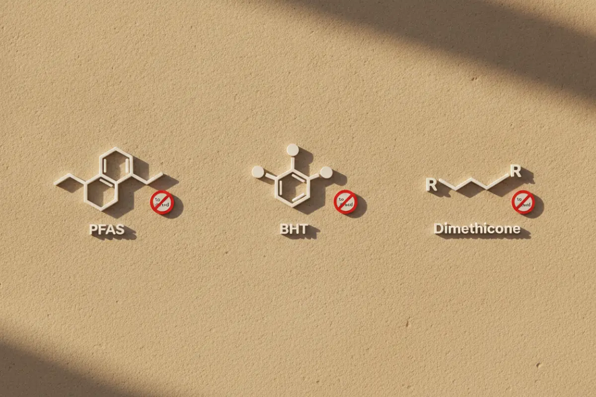 Pictogrammes PFAS, BHT et Diméthicone avec équivalents INCI et symbole à éviter pour maquillage des yeux