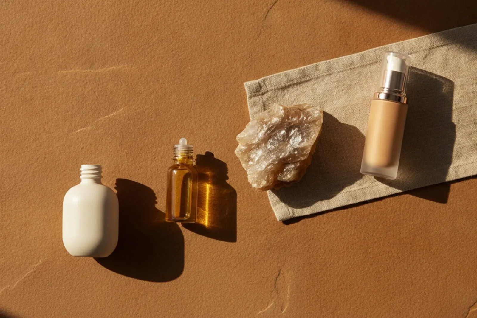 Flacon en verre laqué, huile végétale dorée, pierre de mica et fond de teint sérum pour un maquillage des yeux clean