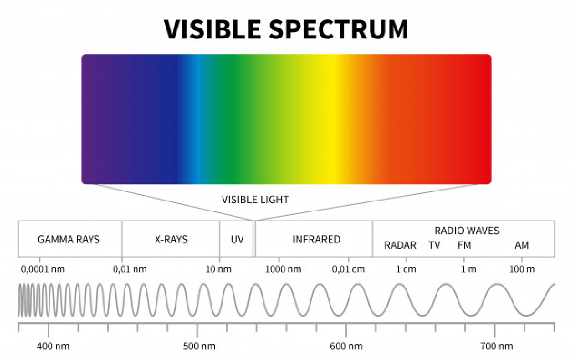 Les lunettes anti lumière bleue, un allié pour le télétravail : Représentation du spectre lumineux réunissant l'ensemble des couleurs visibles pour l'hommes et leur longueurs d'ondes