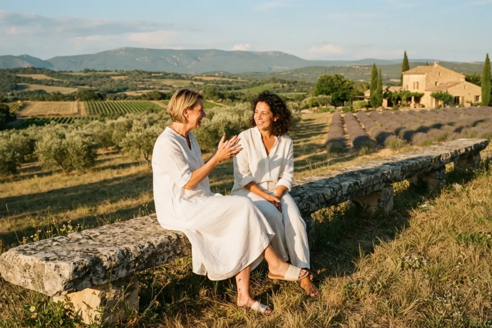 Deux femmes en tenue blanche assises sur un banc en pierre dans la campagne du Luberon, lumière dorée du soir