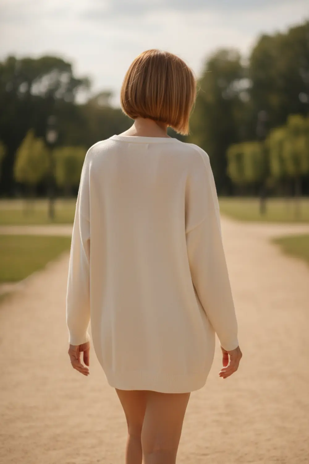 Carré plongeant très court : la coupe qui illumine votre visage 2 Femme de dos marchant dans un parc, cheveux fins coupés en carré plongeant court, nuque dégagée.