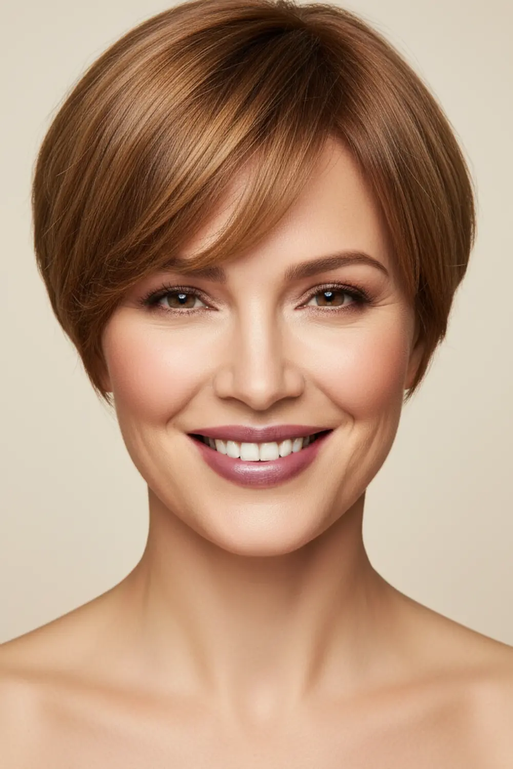Carré plongeant très court : la coupe qui illumine votre visage 3 Femme souriante de face avec un carré plongeant très court et une frange rideau douce tombant sur les sourcils.