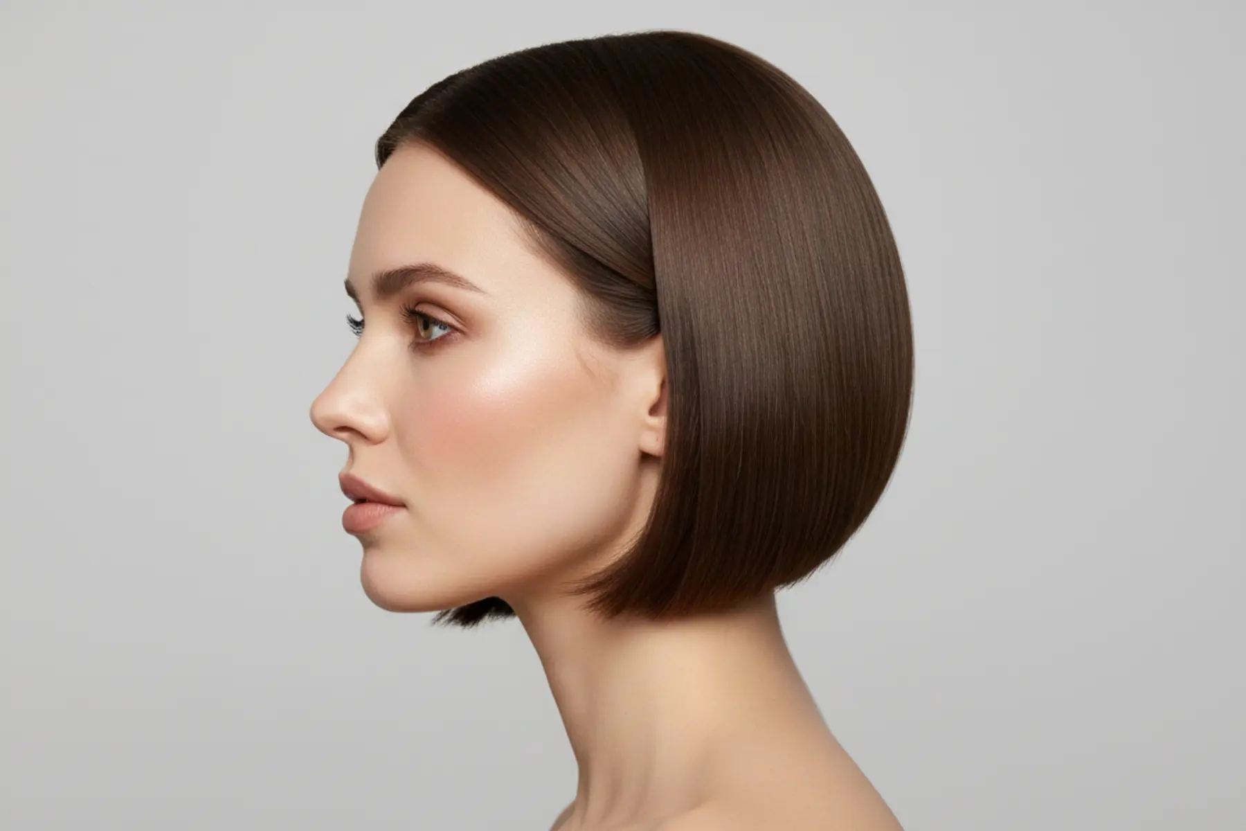 Carré plongeant très court : la coupe qui illumine votre visage 1 Femme de profil avec un carré plongeant très court, nuque dégagée et menton souligné par la coupe asymétrique.