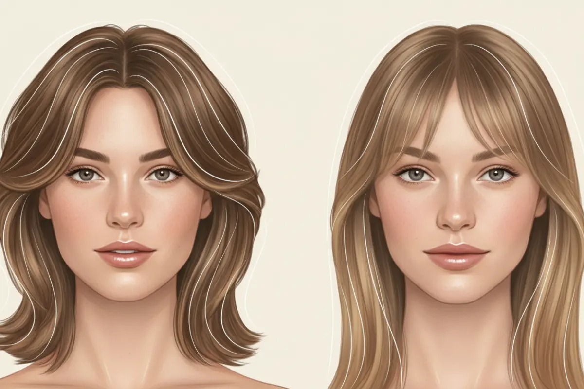 Deux visages féminins, arrondi et rectangulaire, avec schéma de coupe cheveux mi-longs