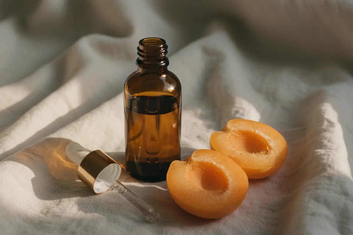 Nature morte éditoriale présentant une huile corporelle ambrée et des tranches d'abricots frais sur un drap en lin blanc froissé.