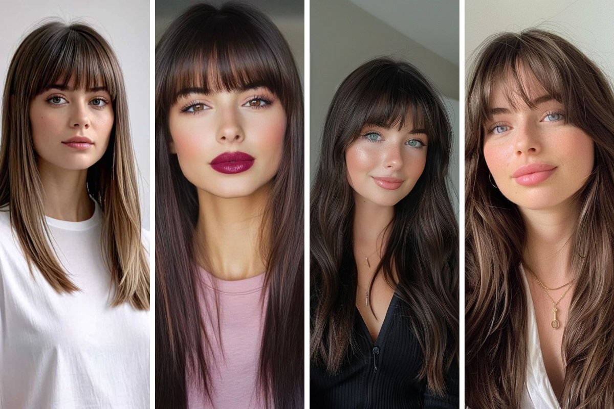 La frange sous toutes ses formes : un intemporel 1 Comparaison 4 styles Frange droite pleine effilée cheveux longs bruns blonds