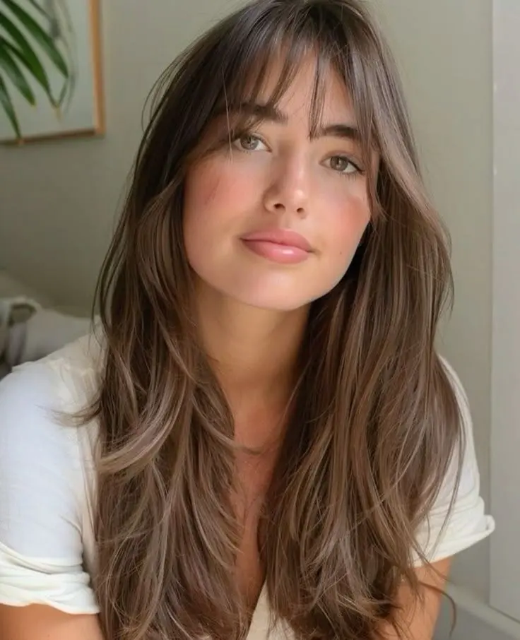 La frange sous toutes ses formes : un intemporel 4 Modèle Cheveux châtain frange effilée dégradée longue
