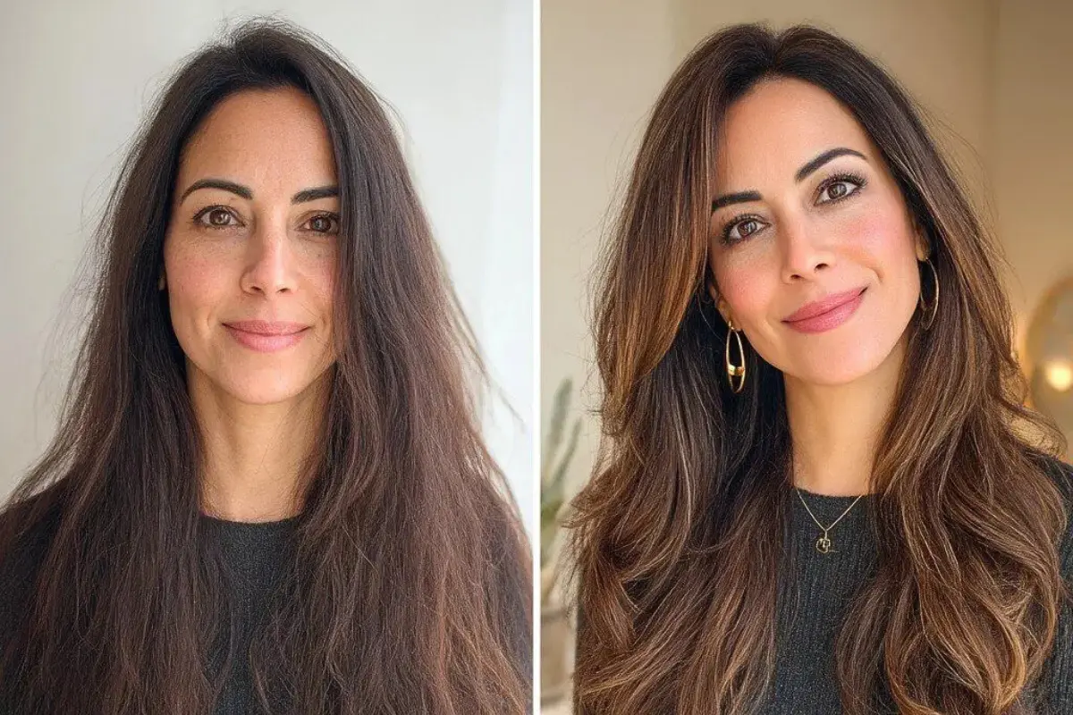 Avant Après Butterfly haircut sur cheveux châtains foncés