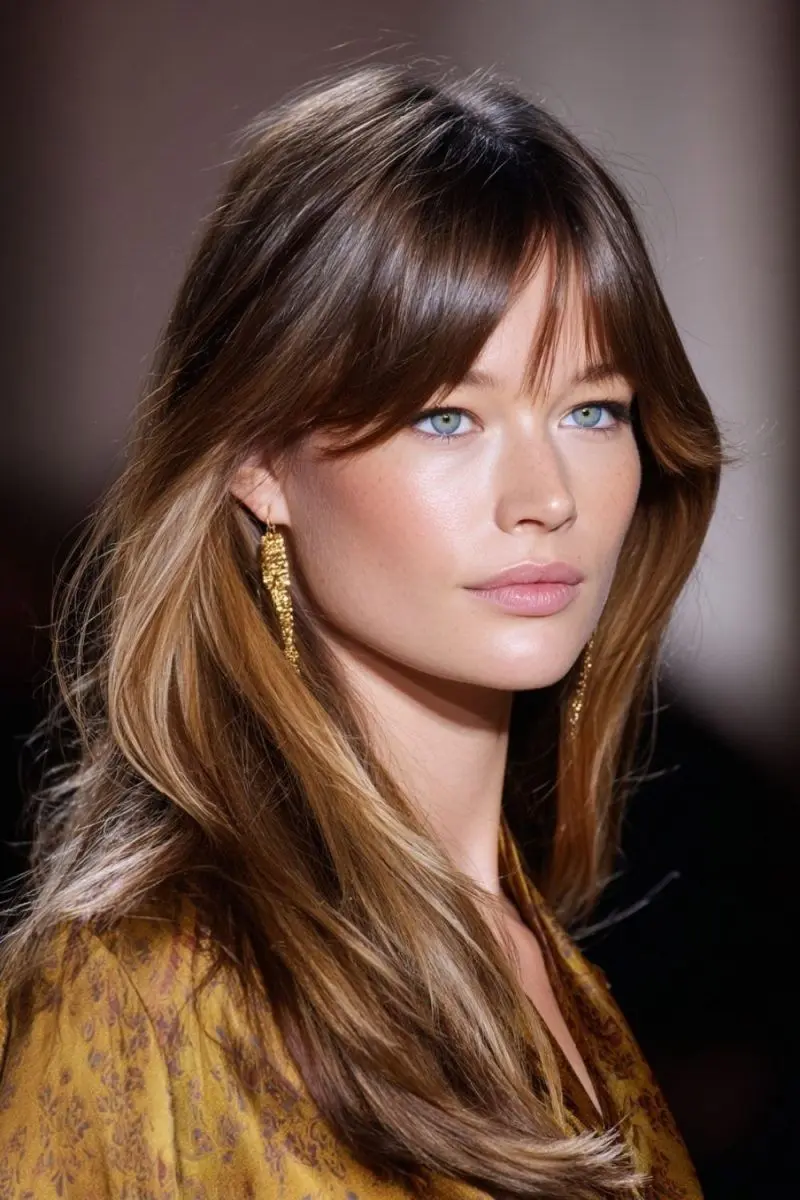 Modèle Butterfly haircut sur cheveux fins avec frange rideau balayage