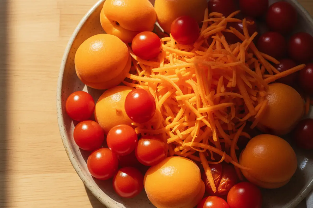 Prolonger son bronzage : nos astuces pour une peau dorée tout l’été 4 Assiette d'abricots, carottes râpées et tomates cerise sur une table en bois, aliments riches en bêta-carotène.