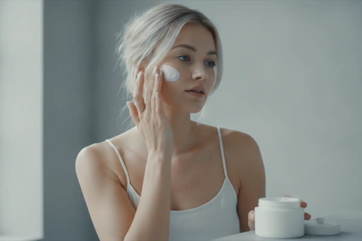 Un teint parfait sans effet masque : nos gestes simples pour une peau éclatante après 40 ans 2 Femme blonde appliquant une crème hydratante sur sa joue, geste de soin beauté quotidien