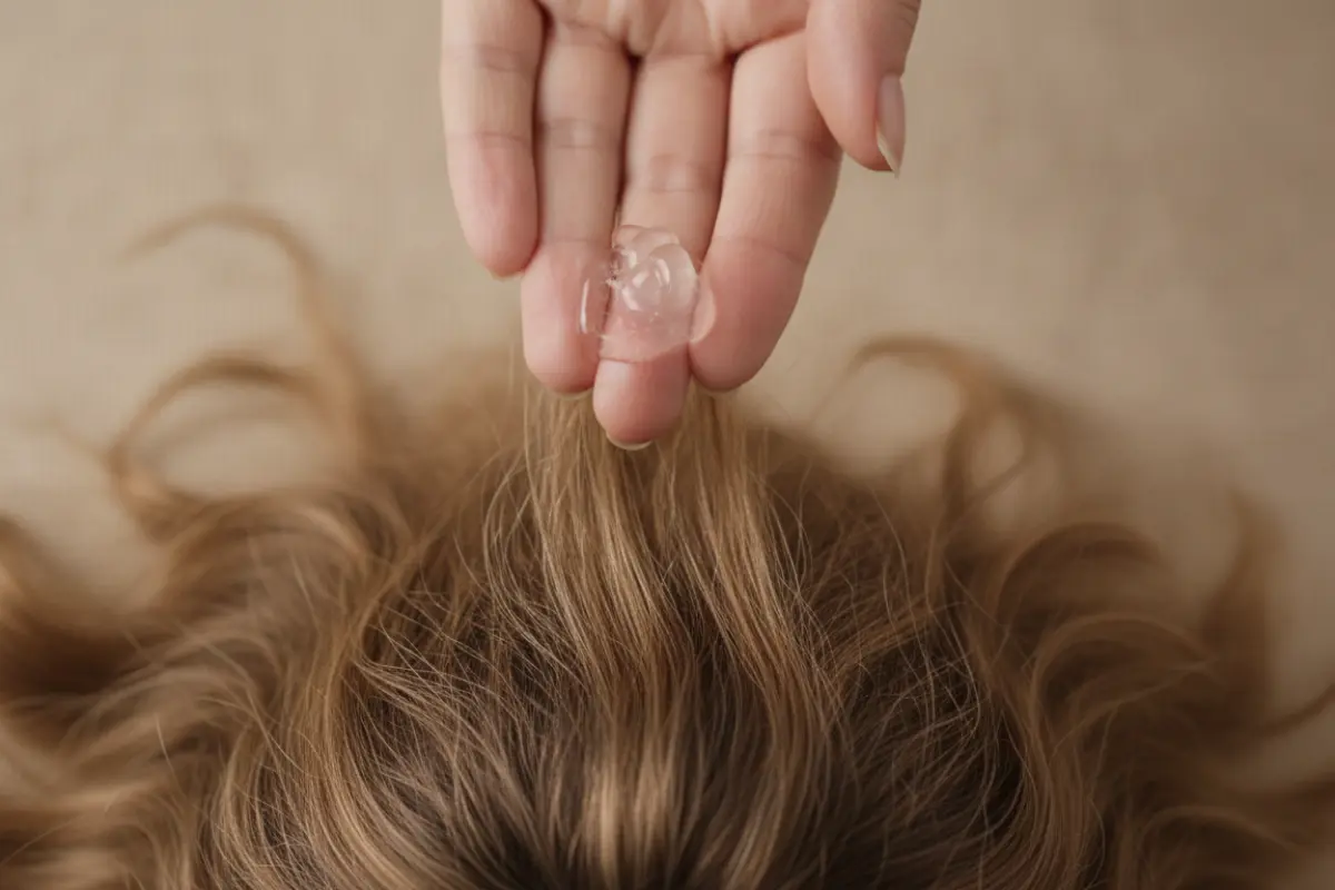 Gel d’aloe vera : une habitude toute simple pour des cheveux sains et brillants 2 Main déposant une noisette de gel d'aloe vera transparent sur des pointes de cheveux