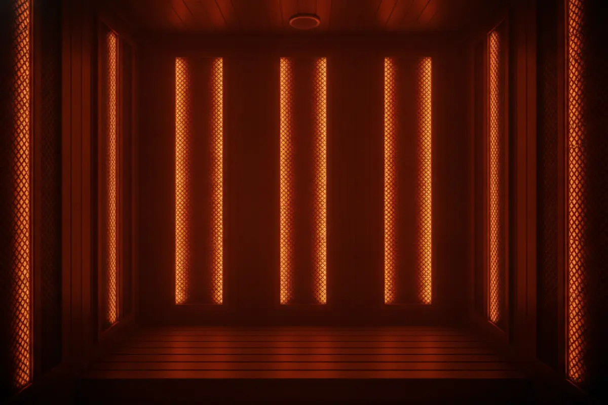 Sauna : quels sont les vrais bienfaits pour la santé ? 3 Intérieur d'une cabine de sauna infrarouge moderne avec une lumière orangée douce, panneaux en bois, ambiance zen et chaleureuse.