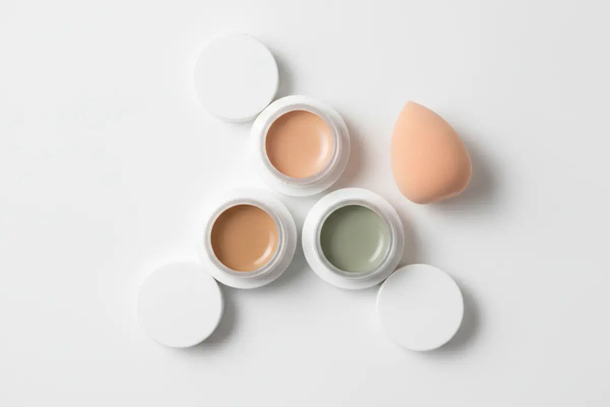 Un teint parfait sans effet masque : nos gestes simples pour une peau éclatante après 40 ans 3 Trois correcteurs de teintes beige pêche et vert avec une éponge à maquillage, produits beauté