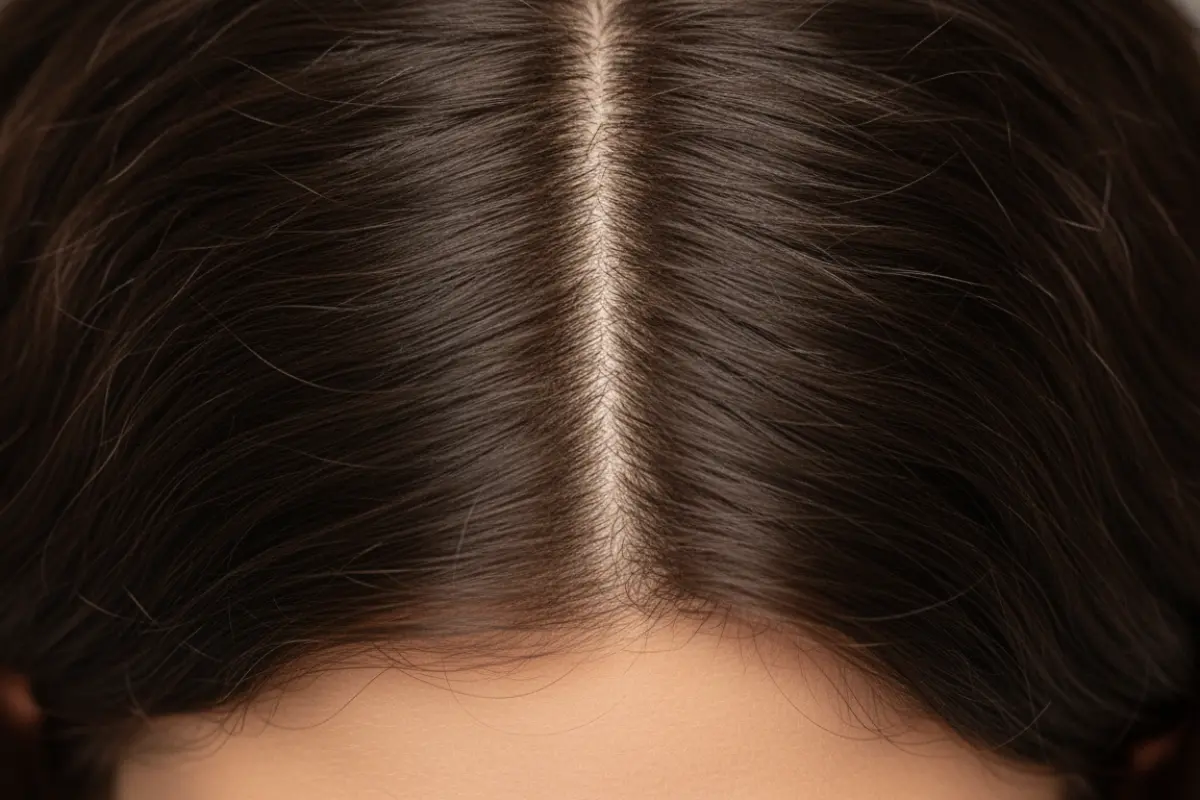 Gel d’aloe vera : une habitude toute simple pour des cheveux sains et brillants 3 Cuir chevelu apaisé vu de dessus, cheveux écartés, peau saine et lumineuse