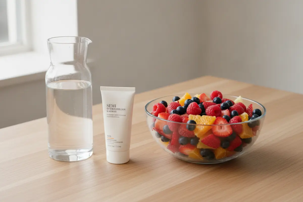 Un teint parfait sans effet masque : nos gestes simples pour une peau éclatante après 40 ans 4 Saladier de fruits frais baies agrumes carafe d'eau et crème solaire, alimentation et protection peau