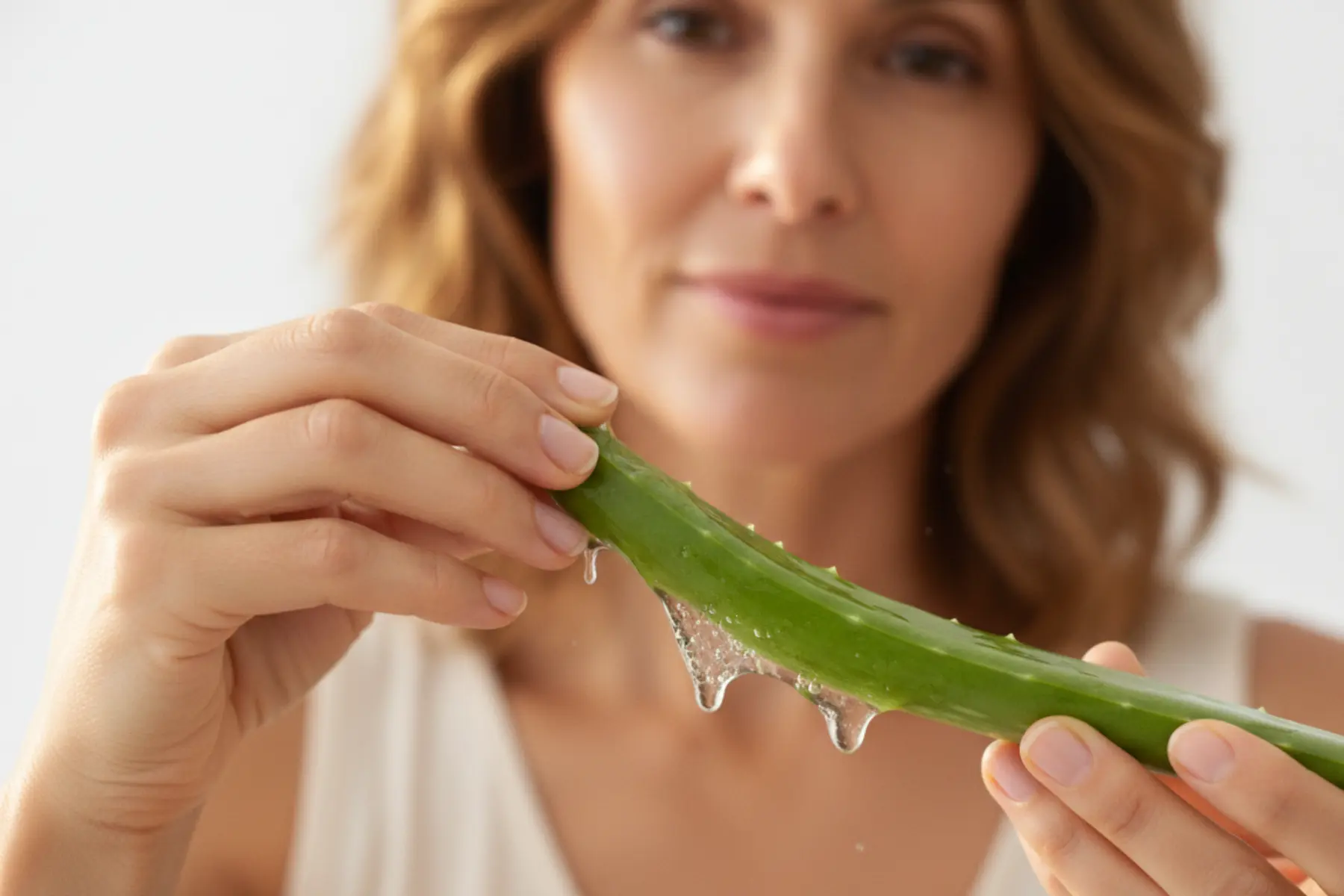Gel d’aloe vera : une habitude toute simple pour des cheveux sains et brillants 1 Femme tenant une feuille d'aloe vera coupée, gel transparent visible, soin capillaire naturel