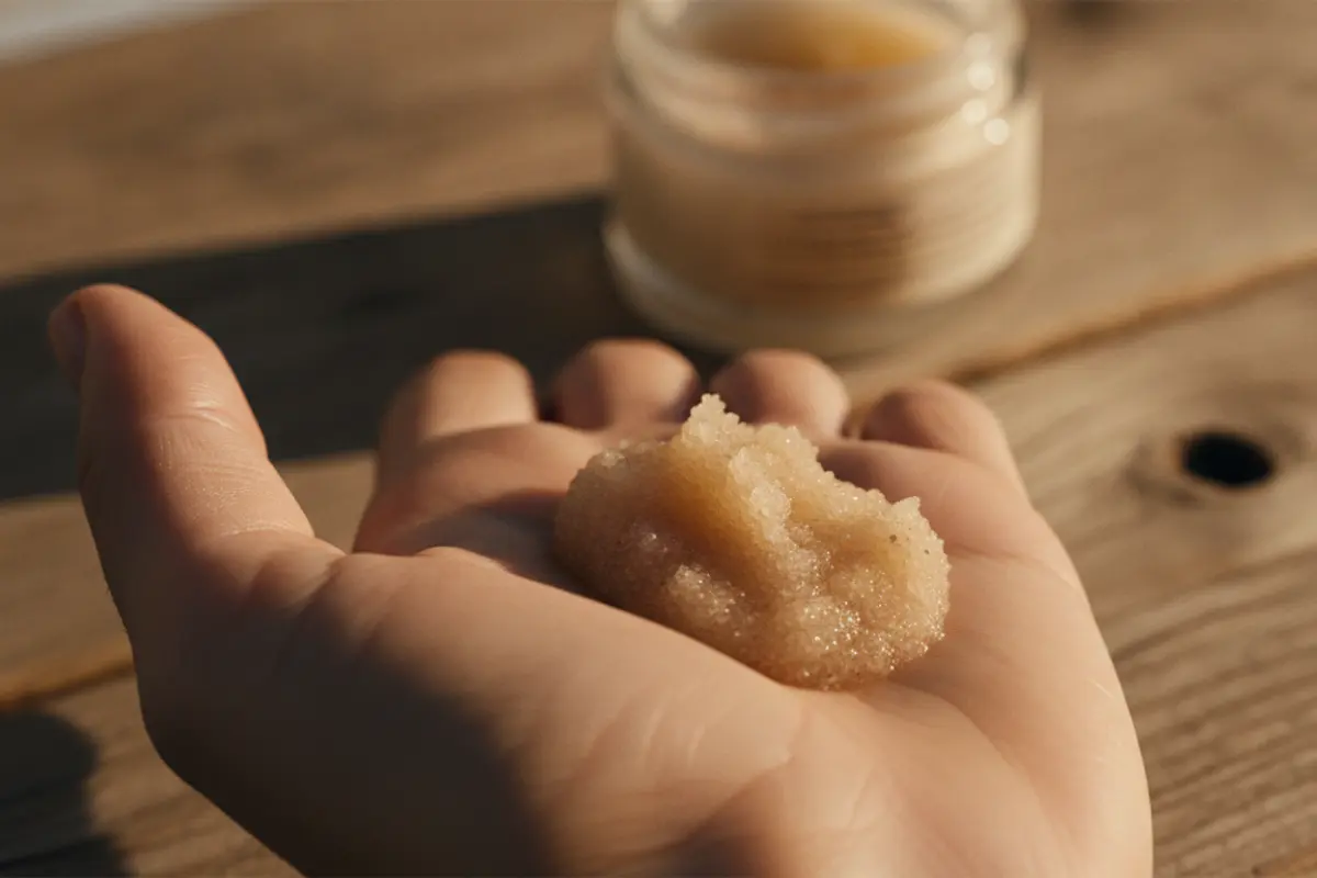 Prolonger son bronzage : nos astuces pour une peau dorée tout l’été 3 Main tenant une noix de gommage doux à grains fins, pot en verre en arrière-plan.