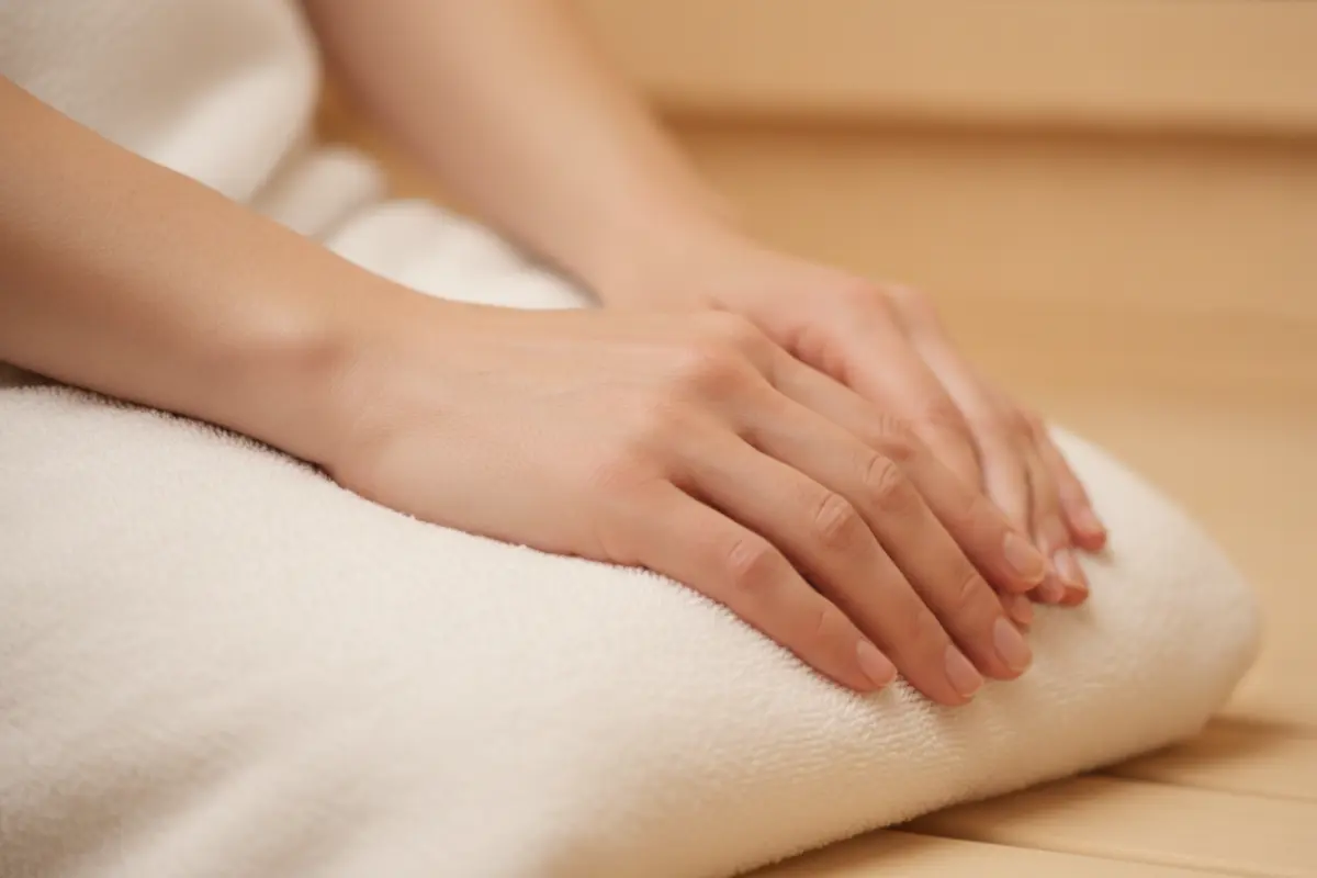 Sauna : quels sont les vrais bienfaits pour la santé ? 2 Gros plan détaillé de mains féminines posées sur une serviette blanche dans un sauna, mettant en valeur la texture de la peau et le coton doux.