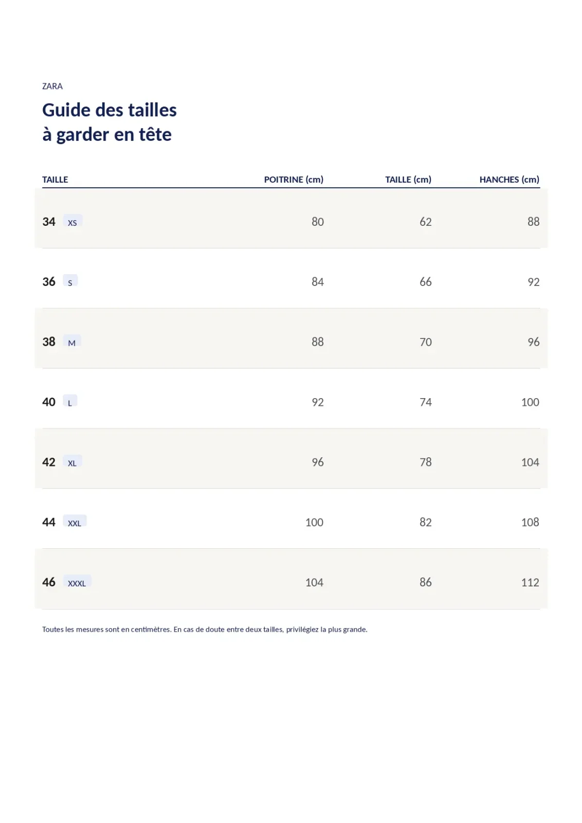 Tableau guide des tailles Zara femme avec mensurations en centimètres : tour de poitrine, tour de taille et tour de hanches, du 34 (XS) au 46 (XXXL)