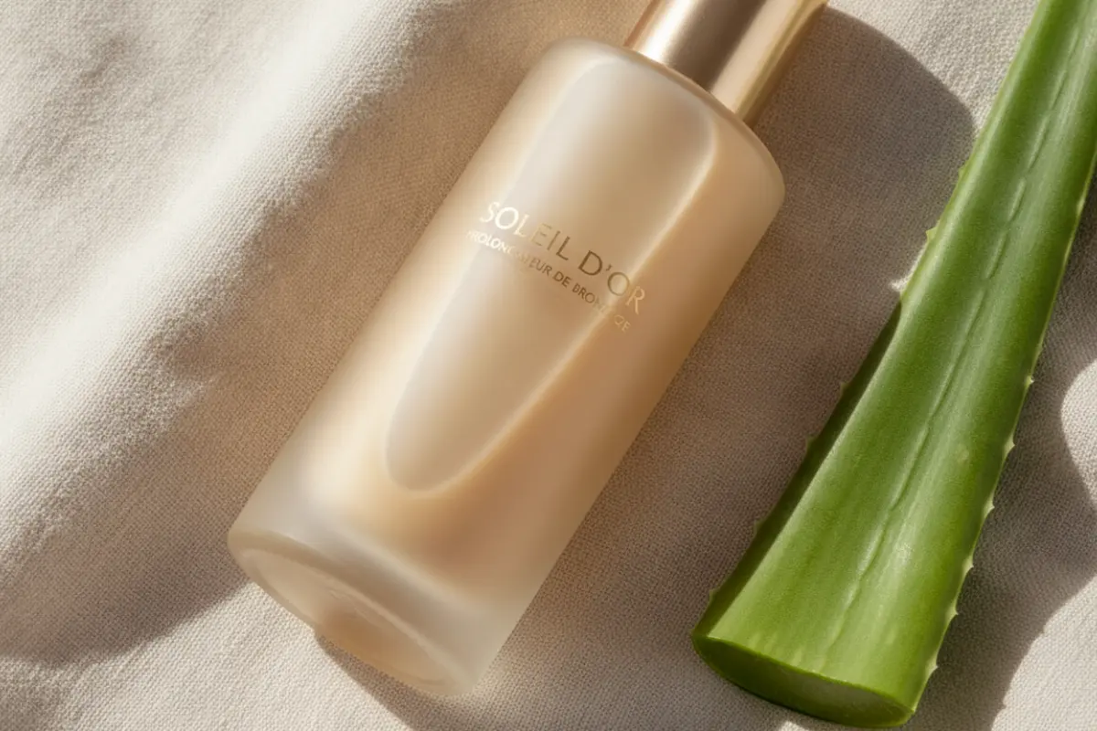 Prolonger son bronzage : nos astuces pour une peau dorée tout l’été 2 Flacon de lait après-soleil pour prolonger son bronzage posé sur une serviette en lin, accompagné d'une feuille d'aloe vera.