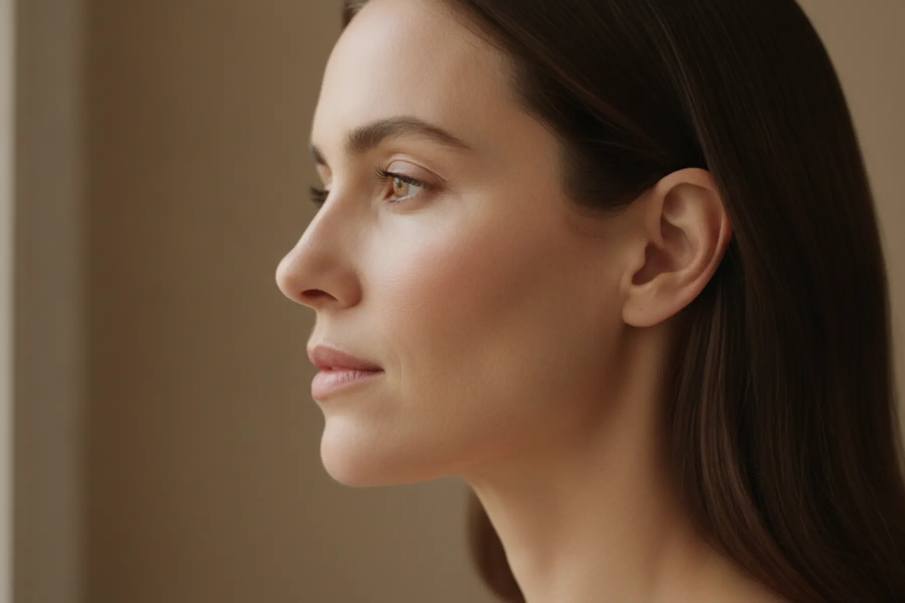 Un teint parfait sans effet masque : nos gestes simples pour une peau éclatante après 40 ans 1 Femme de 45 ans au visage lumineux, peau naturelle sans fond de teint, lumière douce de fenêtre, beauté pro-âge