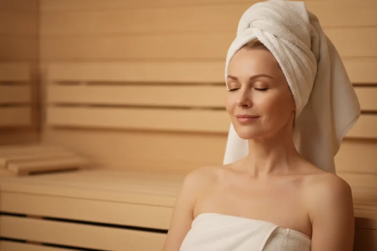 Sauna : quels sont les vrais bienfaits pour la santé ? 22 Portrait d'une femme blonde quadragénaire sereine, assise dans un sauna en bois, serviette blanche sur la tête, sourire détendu, bien-être et luxe calme.