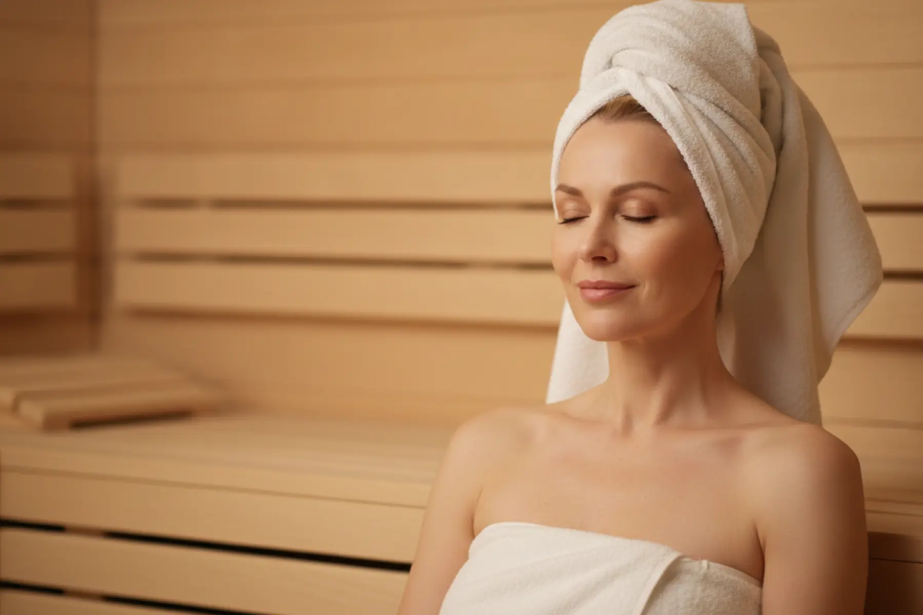 Sauna : quels sont les vrais bienfaits pour la santé ? 1 Portrait d'une femme blonde quadragénaire sereine, assise dans un sauna en bois, serviette blanche sur la tête, sourire détendu, bien-être et luxe calme.