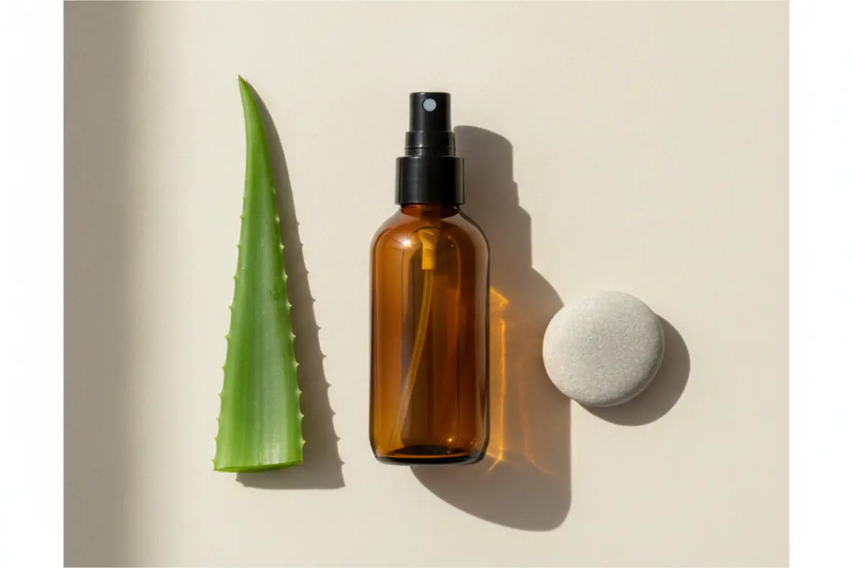 Gel d’aloe vera : une habitude toute simple pour des cheveux sains et brillants 4 Flacon spray en verre ambré avec feuille d'aloe vera et galet, décoration minimaliste