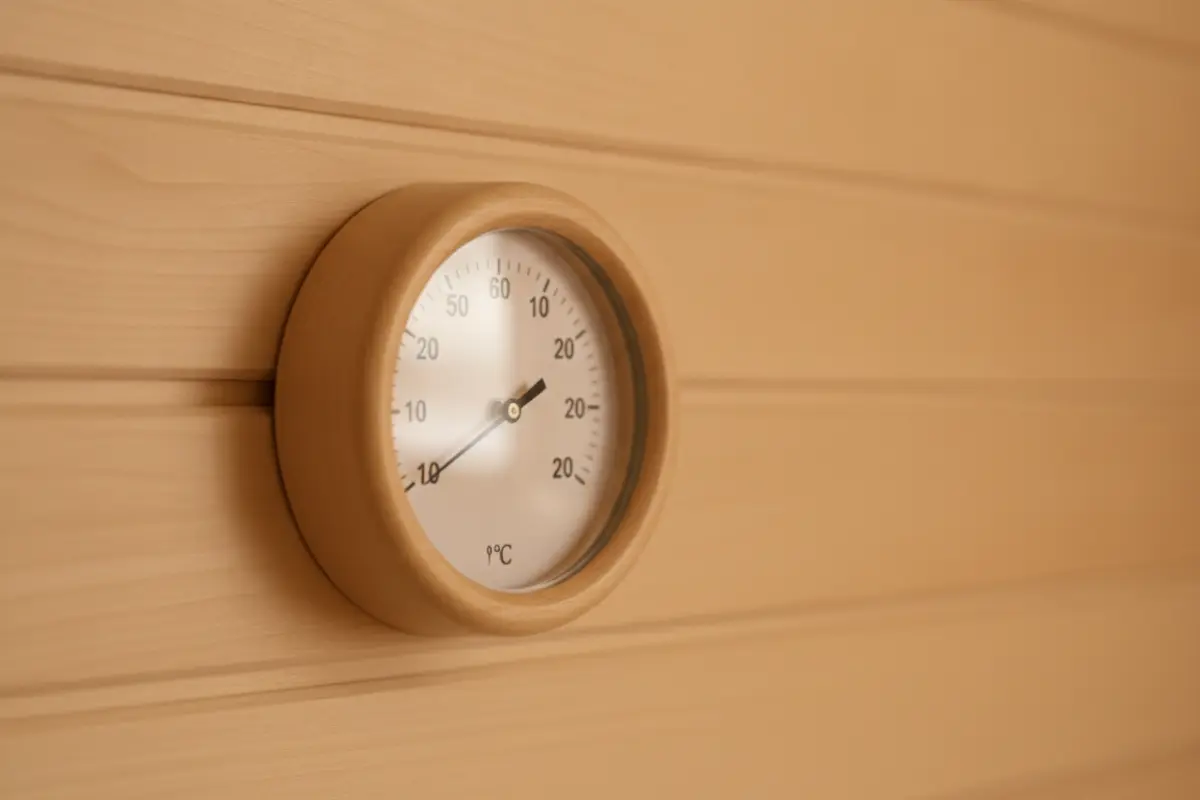 Sauna : quels sont les vrais bienfaits pour la santé ? 4 Thermomètre mural rond en bois fixé sur un mur de sauna, affichant une température de 75 degrés Celsius dans une ambiance chaude.