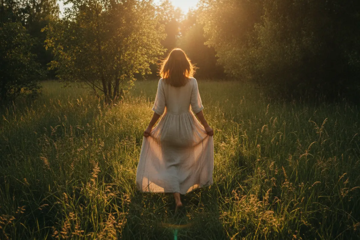 Une circulation sanguine épanouie, cela se cultive au quotidien 4 Femme marchant pieds nus dans l'herbe au soleil, vue de dos, robe ample, pour stimuler la circulation sanguine.