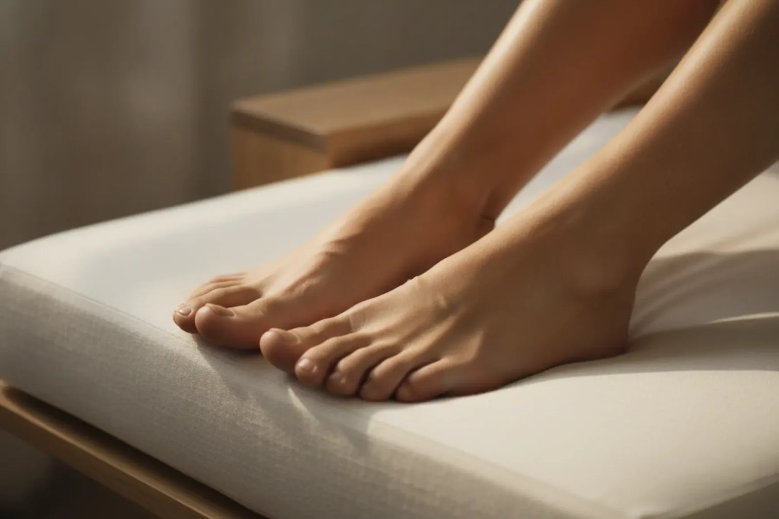 Une circulation sanguine épanouie, cela se cultive au quotidien 2 Pieds nus reposant sur un coussin blanc surélevé avec une cale sous le matelas, pour soulager les jambes lourdes.