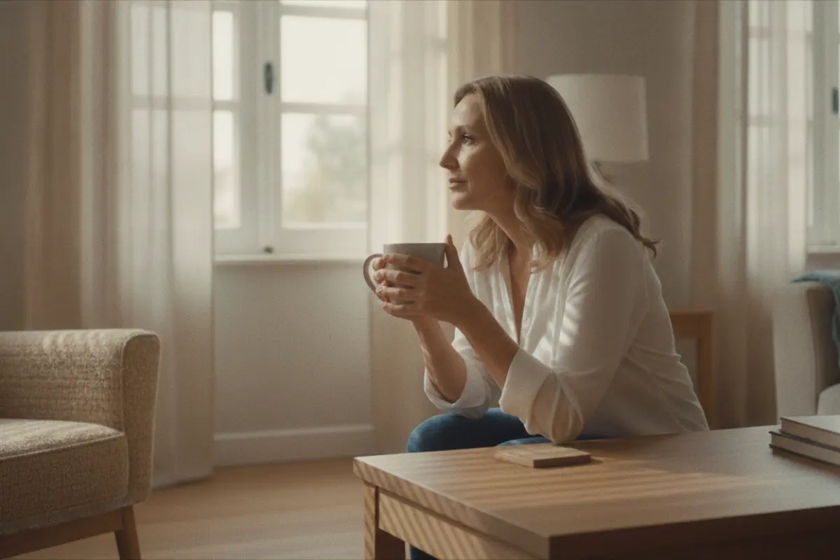 Ostéopathie : ce qui se passe vraiment lors d’une séance 4 Femme de 45 ans buvant un verre d'eau chez elle, intérieur lumineux après une séance d'ostéopathie.