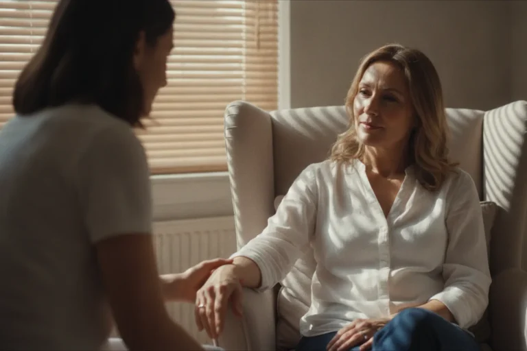 Ostéopathie : ce qui se passe vraiment lors d’une séance 2 Femme de 45 ans assise calmement lors d'une consultation chez un ostéopathe, intérieur lumineux et chaleureux.