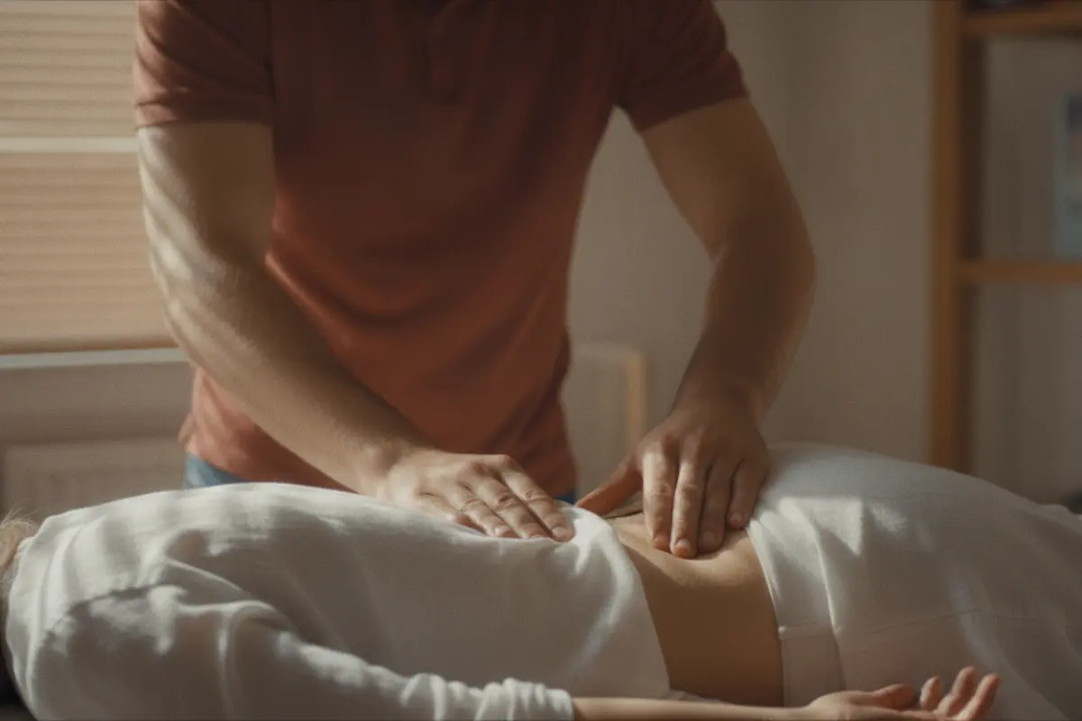 Ostéopathie : ce qui se passe vraiment lors d’une séance 3 Mains d'ostéopathe réalisant une manipulation douce sur le bas du dos d'une patiente allongée.
